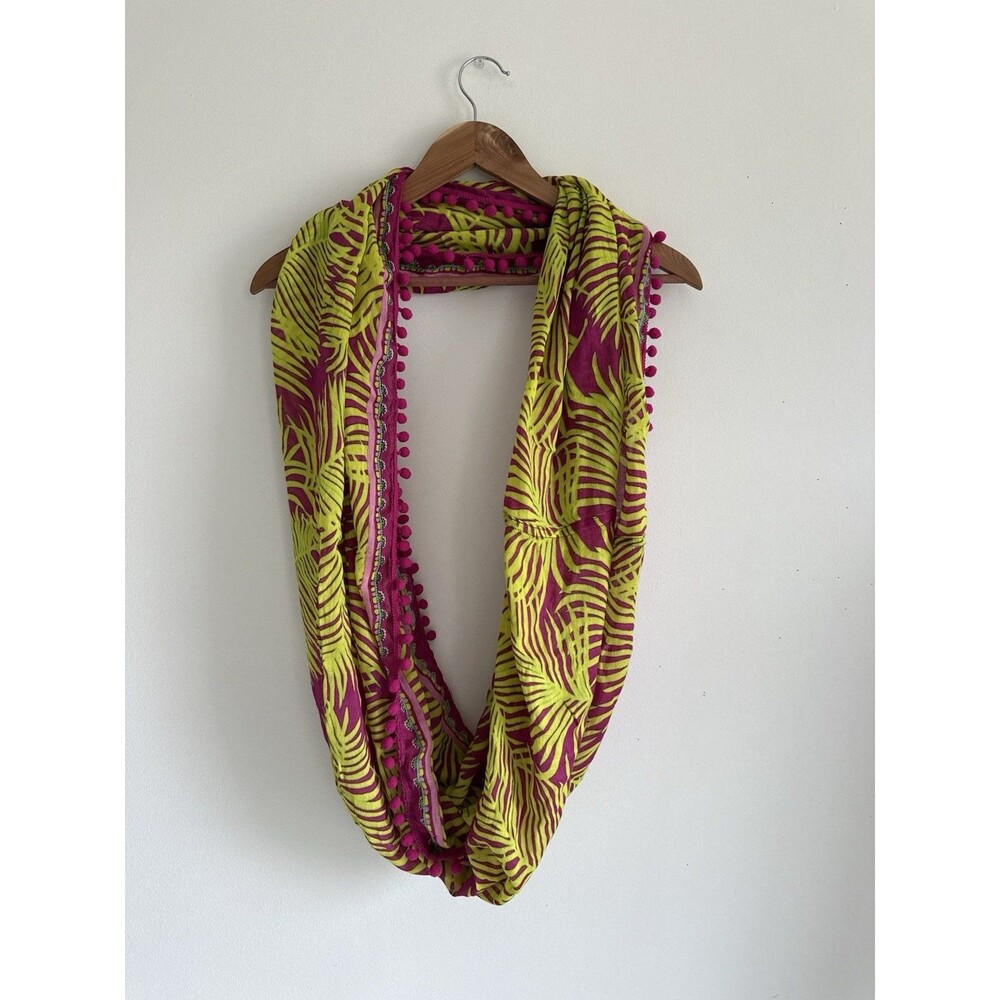 Vera Bradley Embellished Infinity Scarf Palm Fronds Pink Green Pom Pom Trim NWT